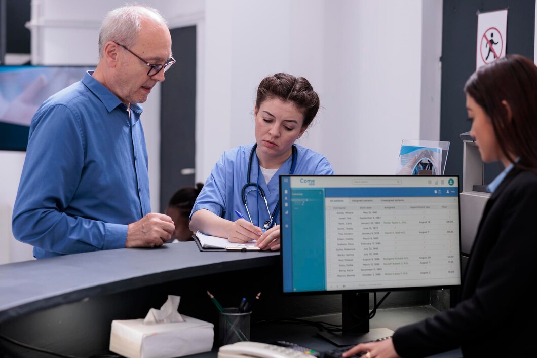 nurse-looking-medical-report-with-elderly-patient-while-signing-documents-before-start_482257-67428